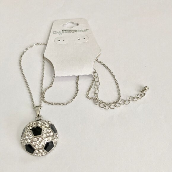 Soccer Ball Black Enamel Clear Crystal Silver Chain Necklace Jewelry Futball 19" - Picture 7 of 9